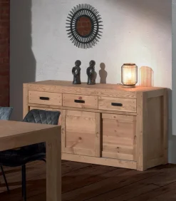 Bahuts & Vaisseliers|Cocktail Scandinave Bahut pin massif ciré 3 portes coulissantes MOVING