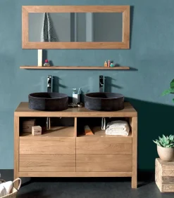 Meubles Avec Vasques|Cocktail Scandinave Meuble bois 2 tiroirs et 2 vasques rondes en pierre – STONE