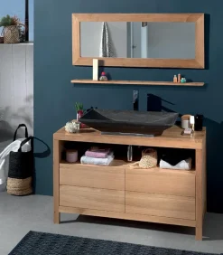 Meubles Avec Vasques|Cocktail Scandinave Meuble bois 2 tiroirs et vasque longue en pierre – STONE