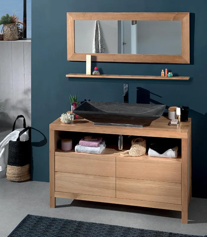Meubles Avec Vasques|Cocktail Scandinave Meuble bois 2 tiroirs et vasque longue en pierre – STONE