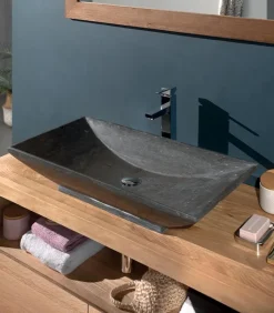 Meubles Avec Vasques|Cocktail Scandinave Meuble bois 2 tiroirs et vasque longue en pierre – STONE