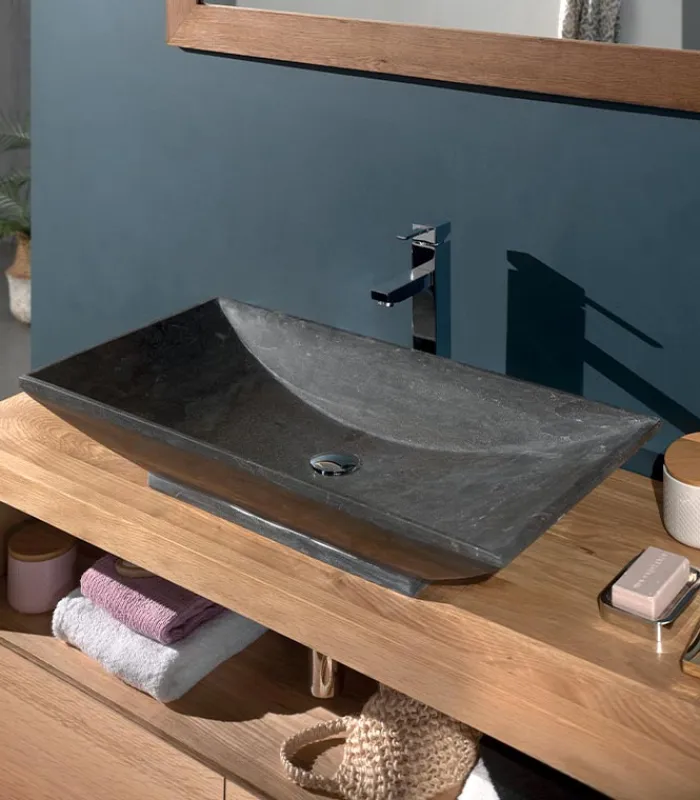 Meubles Avec Vasques|Cocktail Scandinave Meuble bois 2 tiroirs et vasque longue en pierre – STONE