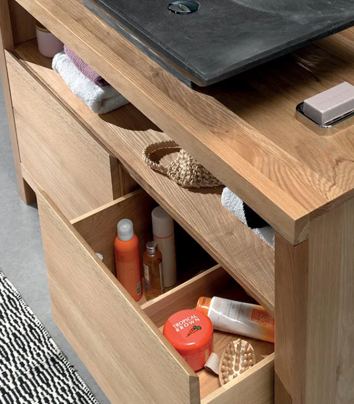 Meubles Avec Vasques|Cocktail Scandinave Meuble bois 2 tiroirs et vasque longue en pierre – STONE