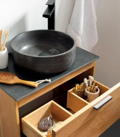 Meubles Avec Vasques|Cocktail Scandinave Meuble chêne 2 tiroirs avec vasque en pierre – STONE