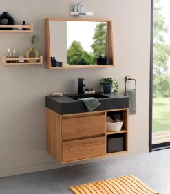 Meubles Avec Vasques|Cocktail Scandinave Meuble mural bois 2 tiroirs et vasque en pierre – GREENLAND