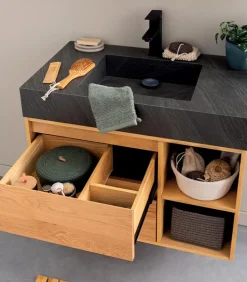 Meubles Avec Vasques|Cocktail Scandinave Meuble mural bois 2 tiroirs et vasque en pierre – GREENLAND