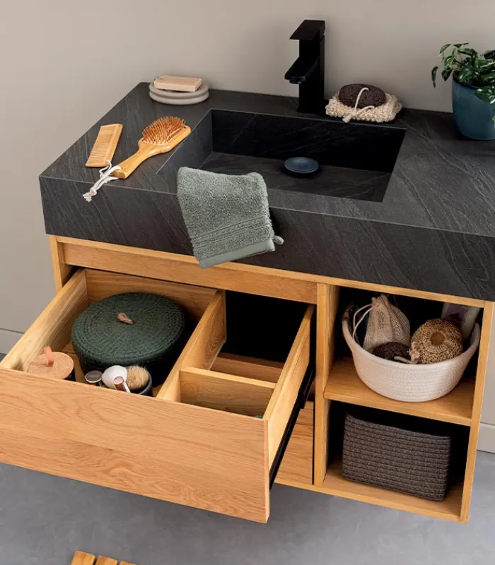 Meubles Avec Vasques|Cocktail Scandinave Meuble mural bois 2 tiroirs et vasque en pierre – GREENLAND