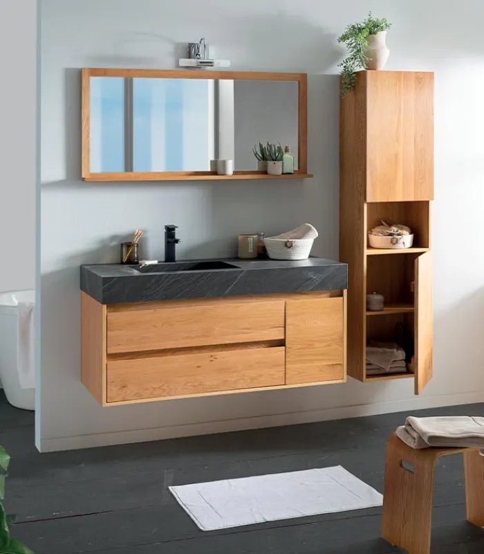 Meubles Avec Vasques|Cocktail Scandinave Meuble mural long 2 tiroirs et vasque pierre – GREENLAND