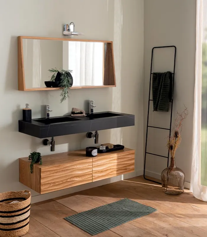 Meubles Avec Vasques|Cocktail Scandinave Meuble mural 2 tiroirs et vasque double pierre – GREENLAND