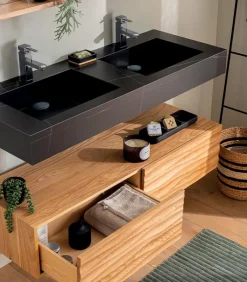 Meubles Avec Vasques|Cocktail Scandinave Meuble mural 2 tiroirs et vasque double pierre – GREENLAND