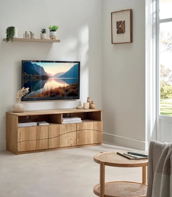 Meubles Tv|Cocktail Scandinave Meuble TV frêne massif 3 portes WAVE