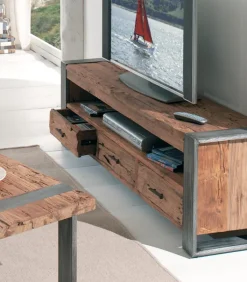 Découvrez Nos Meubles En Teck|Meubles Tv|Cocktail Scandinave Meuble TV teck recyclé 3 tiroirs VANCOUVER