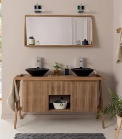 Découvrez Nos Meubles En Teck|Meubles Avec Vasques|Cocktail Scandinave Salle de bains teck double vasque noire NAGALI